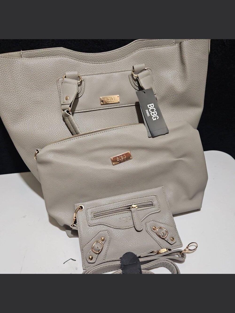 BCBG Paris Taupe Leather Tote with Matching Pouches